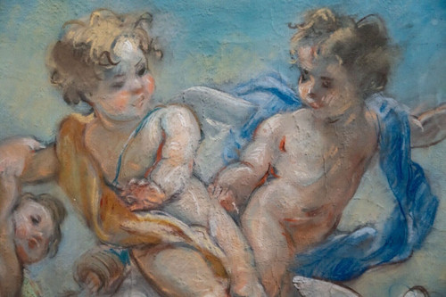 Dipinto a pastello della fine del XIX secolo decorato con putti e colombe