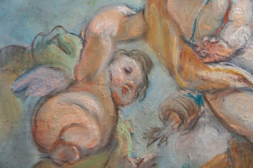 Dipinto a pastello della fine del XIX secolo decorato con putti e colombe