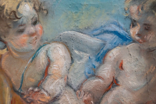 Dipinto a pastello della fine del XIX secolo decorato con putti e colombe
