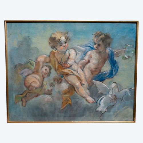 Dipinto a pastello della fine del XIX secolo decorato con putti e colombe