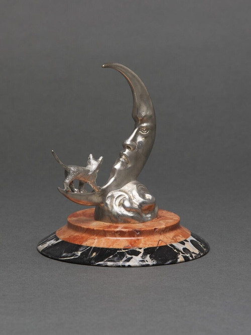 Mascotte in bronzo argentato di Etienne Mercier Base in marmo del XX secolo Moonlight