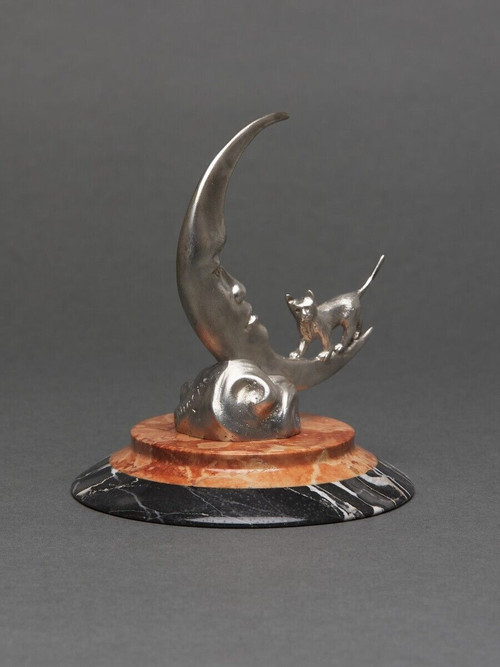 Mascotte in bronzo argentato di Etienne Mercier Base in marmo del XX secolo Moonlight