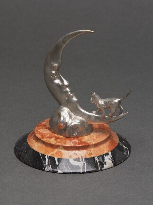 Mascotte in bronzo argentato di Etienne Mercier Base in marmo del XX secolo Moonlight