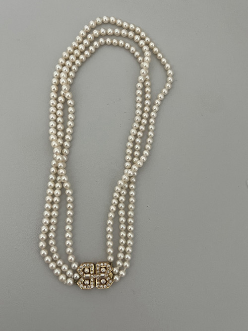 Collier de Chien 3 Rangs Perles Fermoir Or Jaune