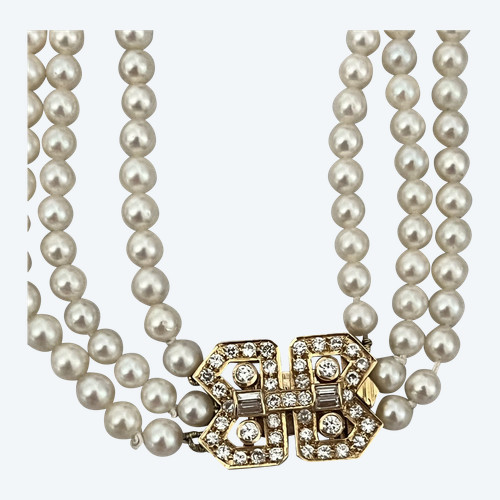 Collier de Chien 3 Rangs Perles Fermoir Or Jaune
