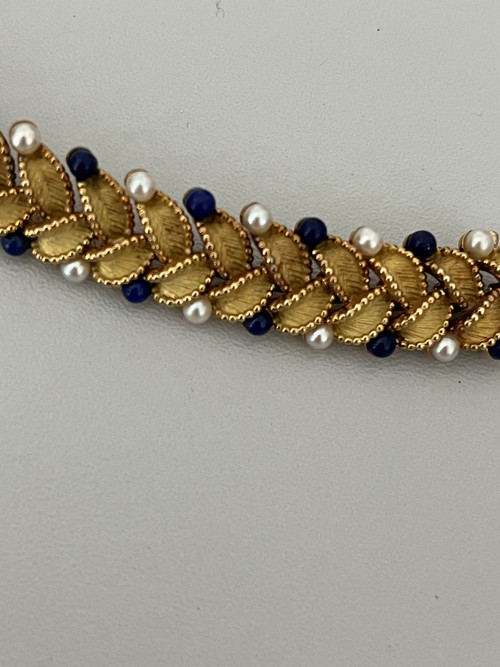 Gelenkarmband Blätter Gelbgold Perlen Lapis Lazuli