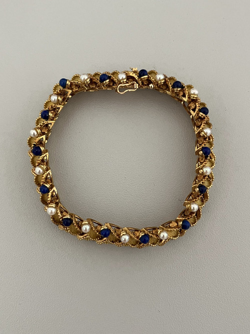 Gelenkarmband Blätter Gelbgold Perlen Lapis Lazuli