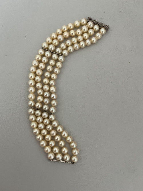Bracelet 3 Rangs Perles Fermoir Or Gris Diamants