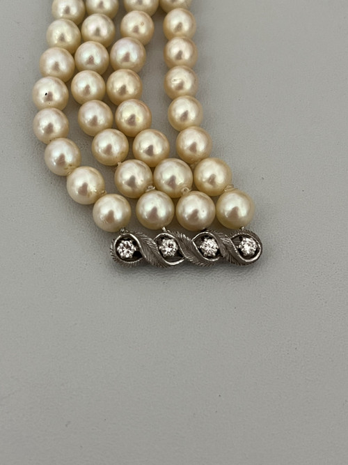 Bracelet 3 Rangs Perles Fermoir Or Gris Diamants