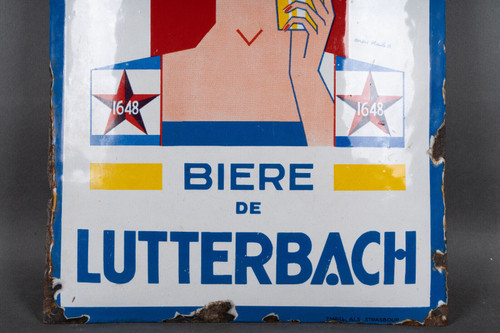 Gewölbtes Emailleschild André Stouls Bier Lutterbach 1648 ALS Strasbourg