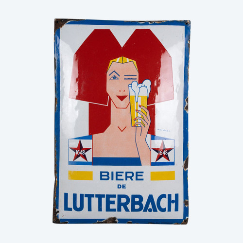 Gewölbtes Emailleschild André Stouls Bier Lutterbach 1648 ALS Strasbourg