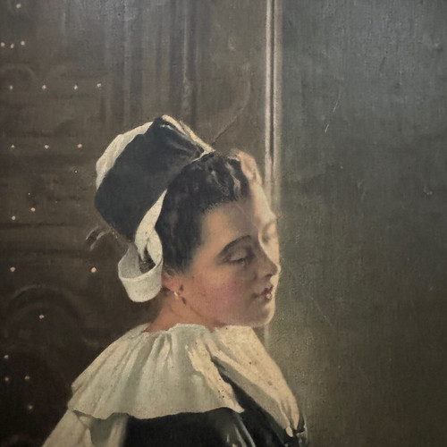Pannello Lu su cartone illustrato con due donne bretoni in costume