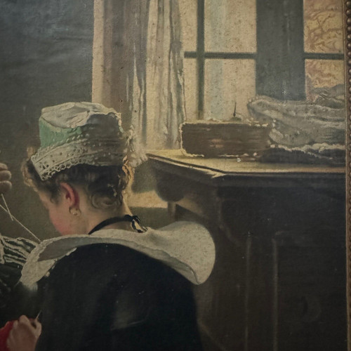 Pannello Lu su cartone illustrato con due donne bretoni in costume