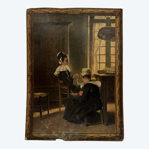 Pannello Lu su cartone illustrato con due donne bretoni in costume