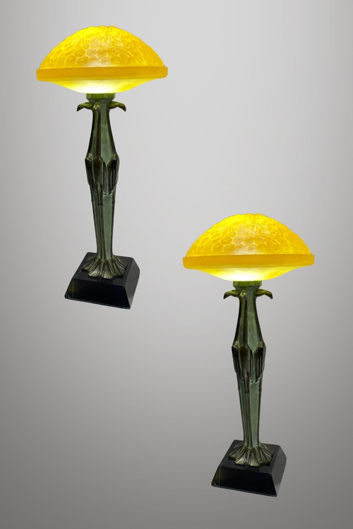 Max Le Verrier, Paire De Lampes "flamants", Art Deco Luminaire