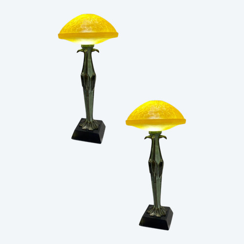 Max Le Verrier, Paire De Lampes "flamants", Art Deco Luminaire