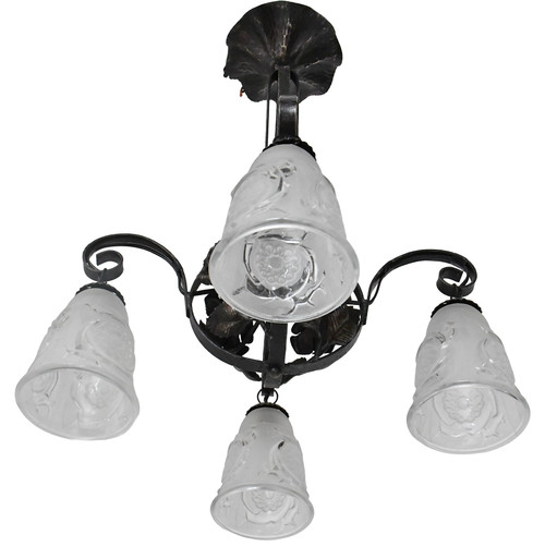 Art Deco chandelier with four molded glass tulips and wrought iron frame decorated with roses.