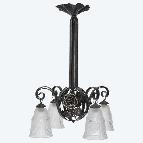 Art Deco chandelier with four molded glass tulips and wrought iron frame decorated with roses.