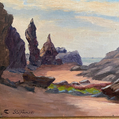 Oil on cardboard by E. Stefanski Les Rochers de Sion early 20th century