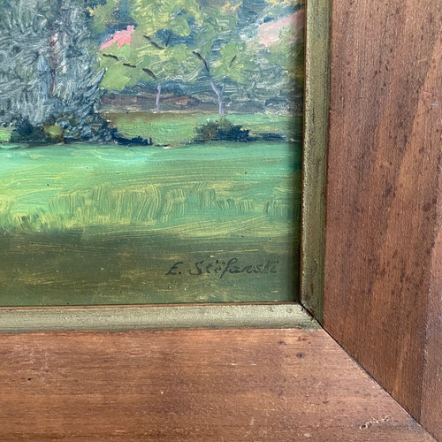 Huile sur carton représentant un château par E. Stefanski XXe