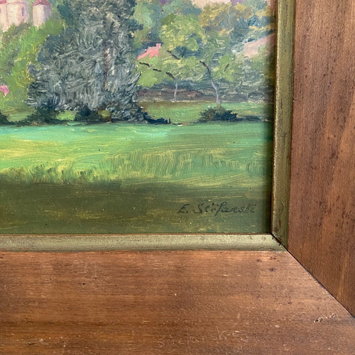Huile sur carton représentant un château par E. Stefanski XXe