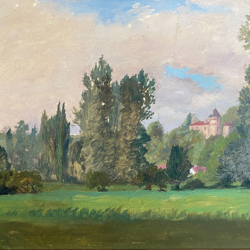 Huile sur carton représentant un château par E. Stefanski XXe