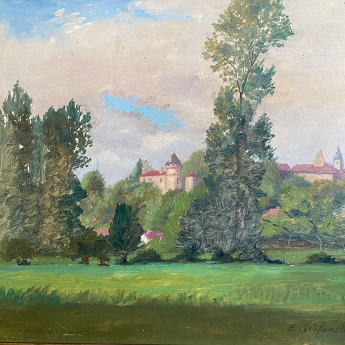 Huile sur carton représentant un château par E. Stefanski XXe