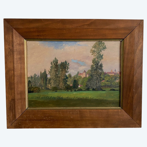 Huile sur carton représentant un château par E. Stefanski XXe