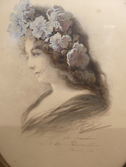 Aquarelle, dame de profil, style Art nouveau, auteur Giuseppe Aureli, Rome, 1910, mesuré, h38