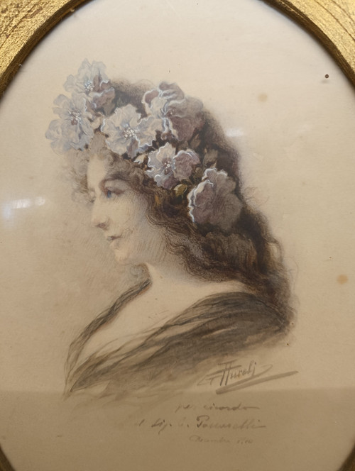Aquarelle, dame de profil, style Art nouveau, auteur Giuseppe Aureli, Rome, 1910, mesuré, h38