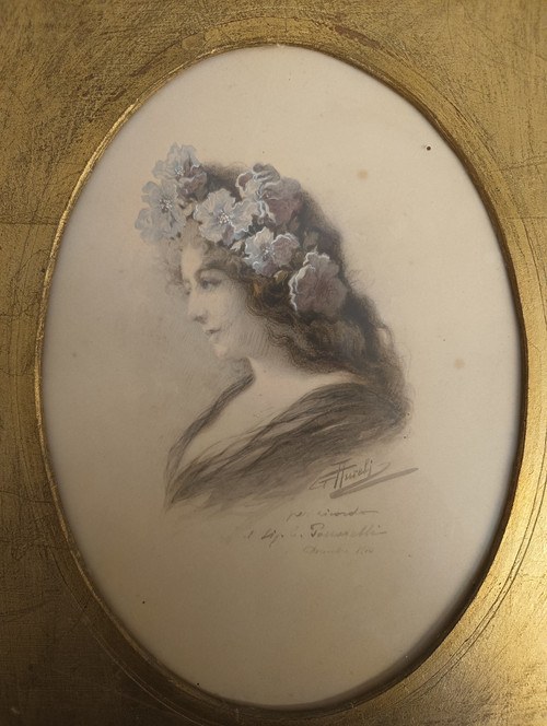 Aquarelle, dame de profil, style Art nouveau, auteur Giuseppe Aureli, Rome, 1910, mesuré, h38