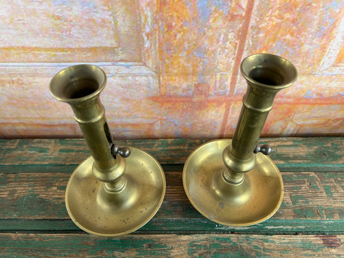 Pair of Solid Brass Candleholders - 19th century