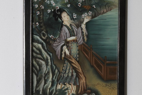 Antico dipinto su vetro Geisha Giapponese primi 900 . Mis 52 x 35 