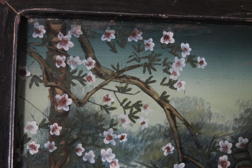 Antico dipinto su vetro Geisha Giapponese primi 900 . Mis 52 x 35 