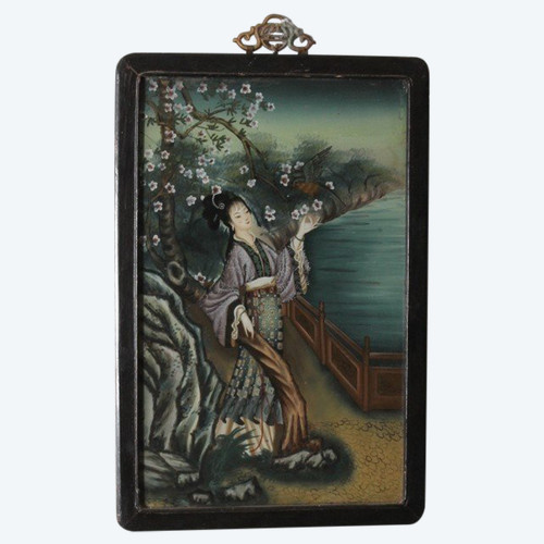 Antico dipinto su vetro Geisha Giapponese primi 900 . Mis 52 x 35 