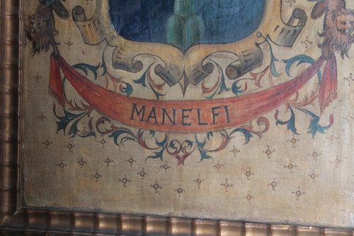 Antico dipinto olio su tela stemma famiglia Manelfi  XVIII sec MIS 108 X 80 