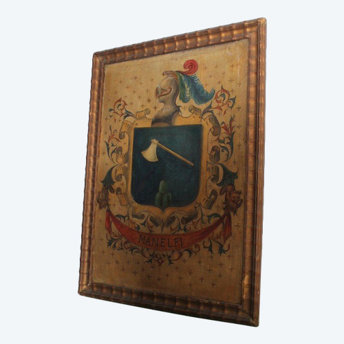 Antico dipinto olio su tela stemma famiglia Manelfi  XVIII sec MIS 108 X 80 