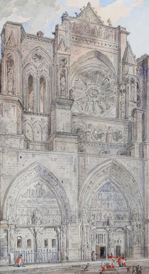 Louis-Désiré Thiénon 1812-1889 Reims, the cathedral, landscape, drawing, 1875