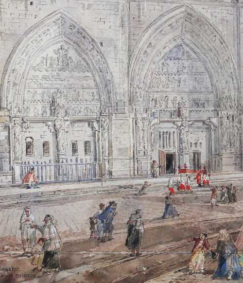 Louis-Désiré Thiénon 1812-1889 Reims, the cathedral, landscape, drawing, 1875