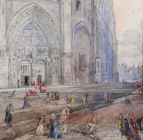 Louis-Désiré Thiénon 1812-1889 Reims, the cathedral, landscape, drawing, 1875