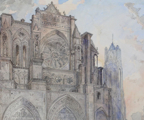 Louis-Désiré Thiénon 1812-1889 Reims, the cathedral, landscape, drawing, 1875