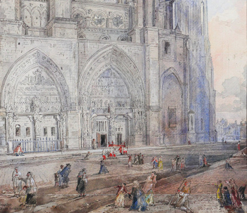 Louis-Désiré Thiénon 1812-1889 Reims, the cathedral, landscape, drawing, 1875