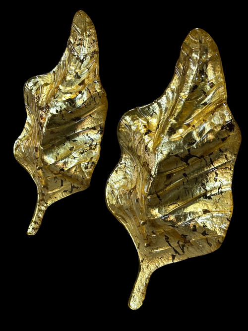 Large Pair Of Murano Gilded Glass Leaf Sconces - Italy About 1980 H 67 cm