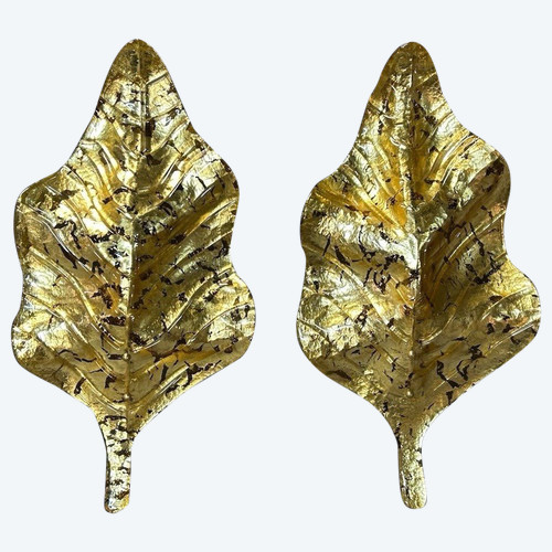 Large Pair Of Murano Gilded Glass Leaf Sconces - Italy About 1980 H 67 cm