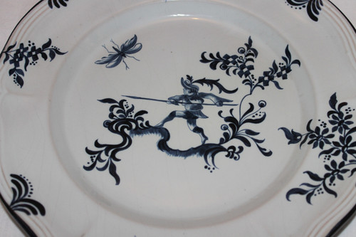 10 piatti in terracotta firmati Emile Gallé servizio cacciatori e cacciatrici in blu XIX secolo