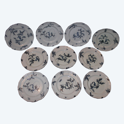 10 piatti in terracotta firmati Emile Gallé servizio cacciatori e cacciatrici in blu XIX secolo