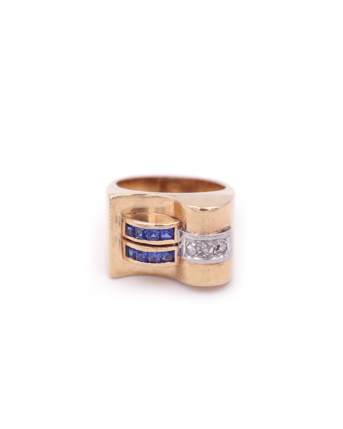 Bague Tank saphirs et diamants en or 18k, bague rétro tank, bague en or, grosse bague, bijou ancien 