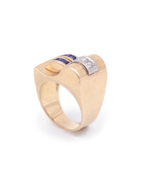 Bague Tank saphirs et diamants en or 18k, bague rétro tank, bague en or, grosse bague, bijou ancien 
