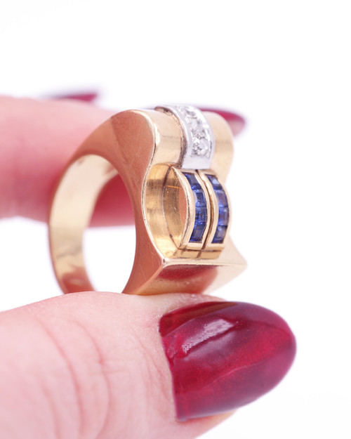 Bague Tank saphirs et diamants en or 18k, bague rétro tank, bague en or, grosse bague, bijou ancien 