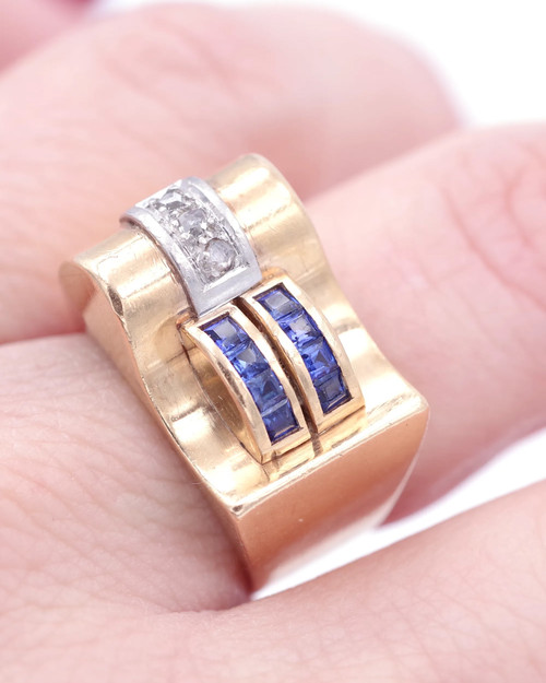 Bague Tank saphirs et diamants en or 18k, bague rétro tank, bague en or, grosse bague, bijou ancien 